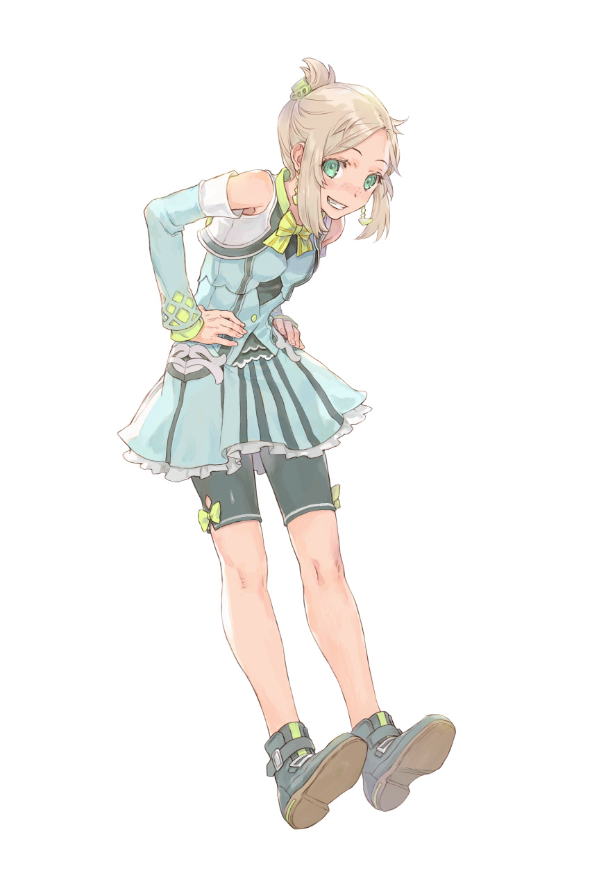 1girl, absurdres, bare_shoulders, bike_shorts, black_shoes, black_shorts, blonde_hair, blue_dress