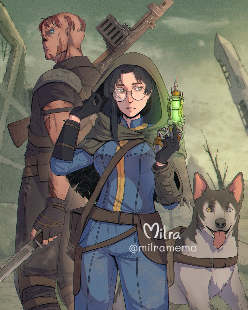 1boy, 1girl, animal, black_gloves, black_hair, black_pants, black_shirt, blue_eyes