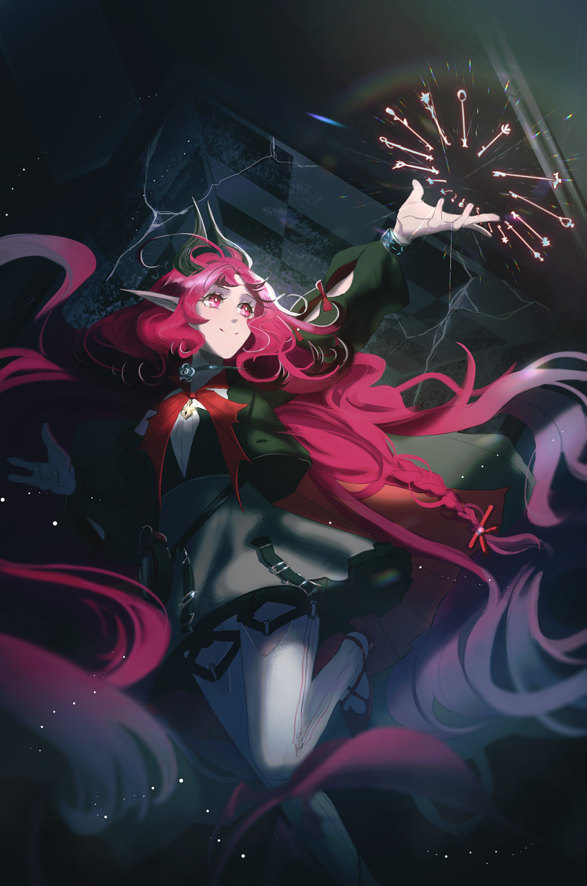 1girl, absurdres, arknights, arm_cutout, arm_up, black_jacket, bright_pupils, closed_mouth