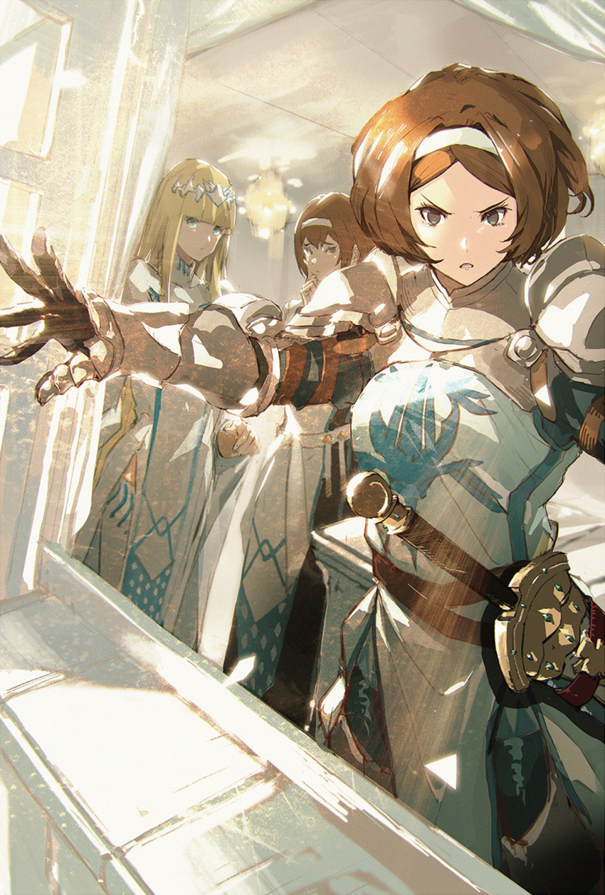 3girls, armor, bad_link, blonde_hair, blue_eyes, breastplate, brown_eyes, brown_hair, calca_bessarez, character_request, cropped_legs, gauntlets, hairband, hand_to_own_mouth, highres, indoors, long_hair, multiple_girls, official_art, open_hand, outstretched_arm, overlord_(maruyama), parted_bangs, pauldrons, raised_inner_eyebrows, remedios_custodio, robe, sheath, short_hair, shoulder_armor, so-bin, standing, sword, turtleneck, v-shaped_eyebrows, weapon, windowsill
