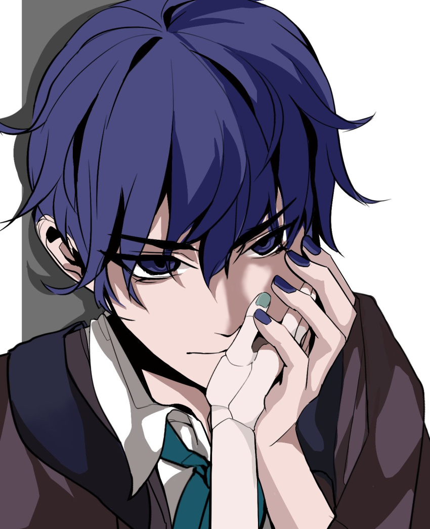 1boy, 1girl, adam_moonlit, black_jacket, blue_eyes, blue_hair, blue_nails, blue_ribbon