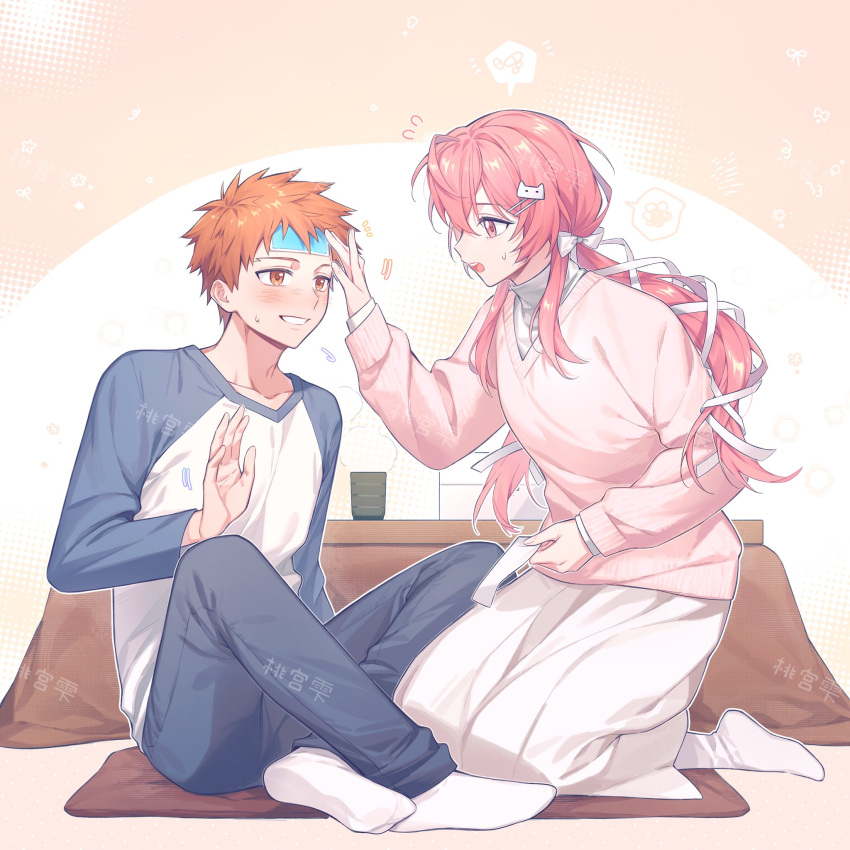 1girl, bow, couple, cross, cross_print, deep_wound, emiya_shirou, fate/stay_night