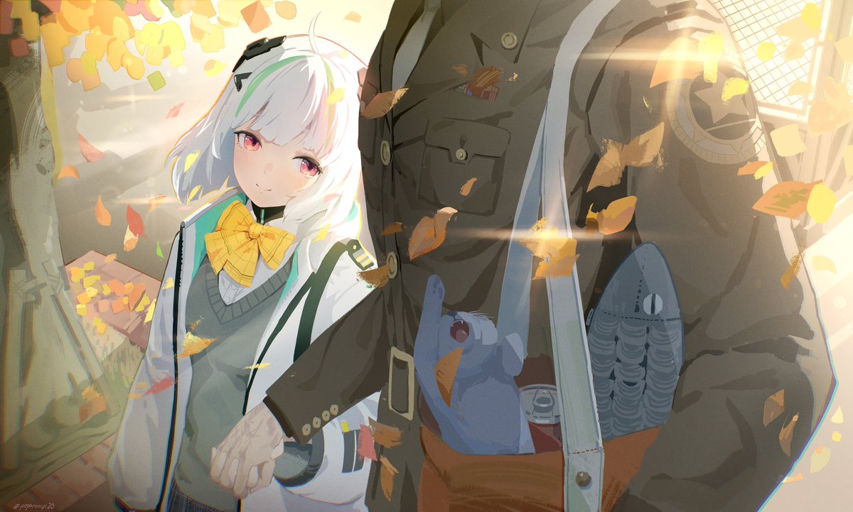 admi_(nikke), autumn_leaves, bow, bowtie, cat, commander_(nikke), goddess_of_victory:_nikke, holding_hands, jacket, leaf, medium_hair, military_uniform, peparonipi20, red_eyes, sweater, white_hair, white_jacket, yellow_bow, yellow_bowtie