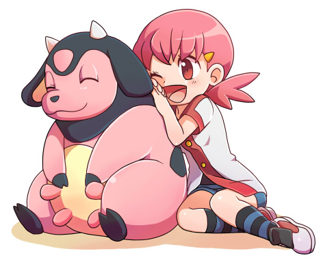 1girl, blush, buttons, chibi, chibi_only, commentary_request, leaning_on_animal, lowres, miltank, momiage, one_eye_closed, open_mouth, pink_hair, pokemon, pokemon_(creature), pokemon_hgss, red_eyes, shadow, shirt, shoes, simple_background, sneakers, socks, striped_clothes, striped_socks, white_background, white_shirt, whitney_(pokemon)