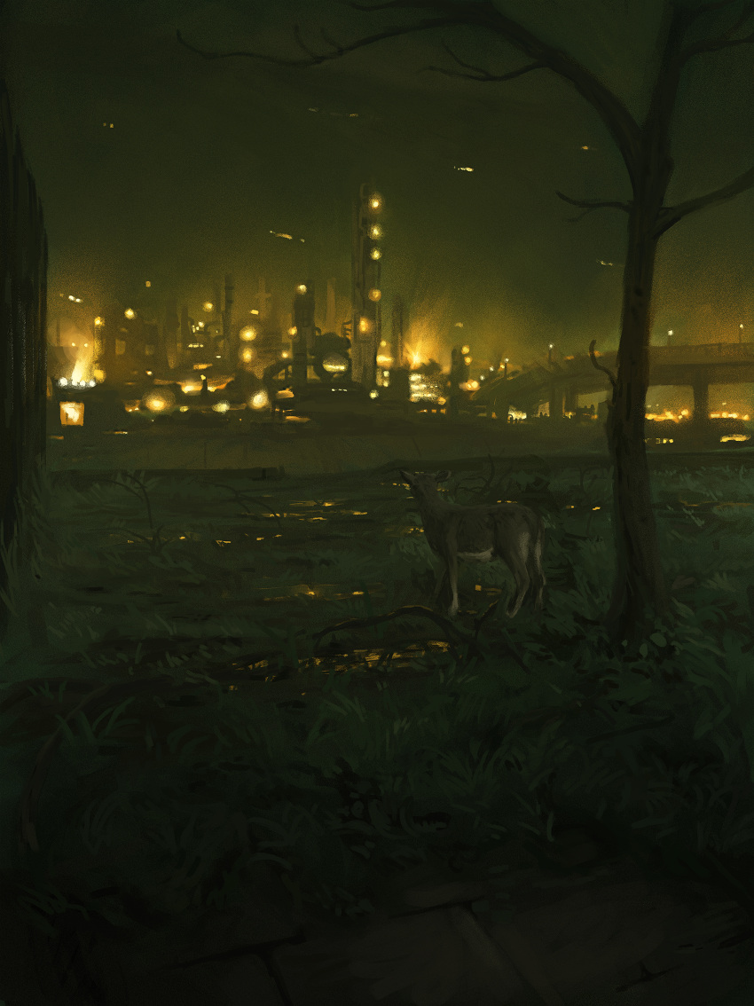 animal, bridge, dark, dog, flaring, highres, industrial, night