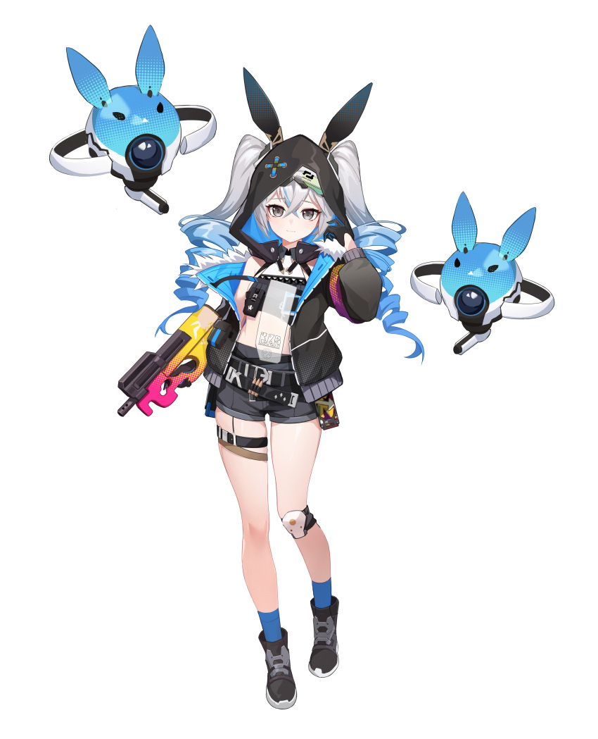1girl, absurdres, black_gloves, black_jacket, black_rooster_(user_epsk5378), black_shorts, blue_socks, bronya_zaychik, bronya_zaychik_(haxxor_bunny), bullpup, chinese_commentary, closed_mouth, commentary, drill_hair, drone, full_body, gloves, grey_eyes, grey_hair, gun, highres, holding, holding_gun, holding_weapon, honkai_(series), honkai_impact_3rd, jacket, knee_pads, long_hair, long_sleeves, looking_at_viewer, p90, shorts, simple_background, single_knee_pad, socks, solo, standing, submachine_gun, twin_drills, twintails, weapon, white_background