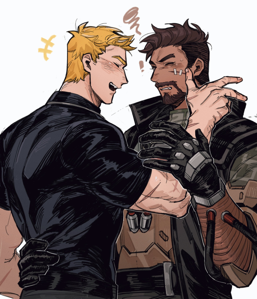 !, +++, 2boys, absurdres, arm_up, beard, black_coat, black_gloves
