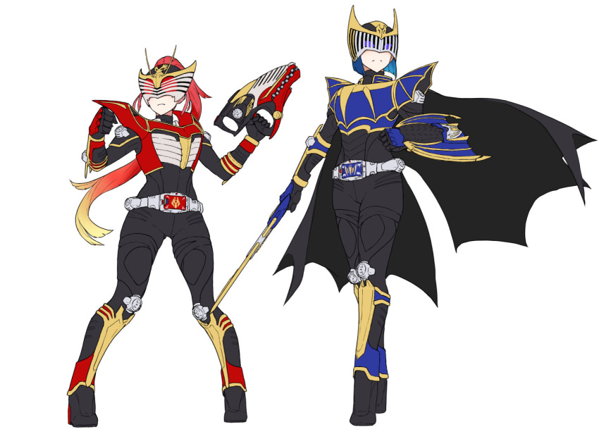 2girls, arm_shield, armor, belt, black_bodysuit, black_cape, blonde_hair, blue_armor, blue_eyes, blue_hair, bodysuit, cape, clenched_hand, closed_mouth, colored_inner_hair, commentary, dragvisorzwei, eidenjyou1997, eye_mask, full_body, genderswap, genderswap_(mtf), high_heels, holding, holding_sword, holding_weapon, kamen_rider, kamen_rider_knight, kamen_rider_knight_survive, kamen_rider_ryuki, kamen_rider_ryuki_(series), kamen_rider_ryuki_survive, long_hair, multicolored_hair, multiple_girls, red_armor, red_eyes, red_hair, rider-tan, rider_belt, serious, shield, short_hair, simple_background, standing, sword, v_buckle, very_long_hair, weapon, white_background