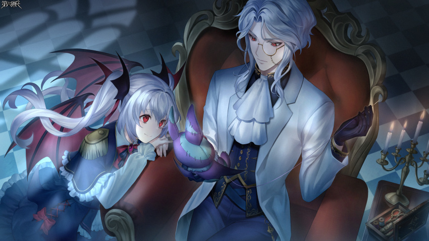 1boy, 1girl, armchair, ascot, bat_wings, black_capelet, black_gloves, black_jacket