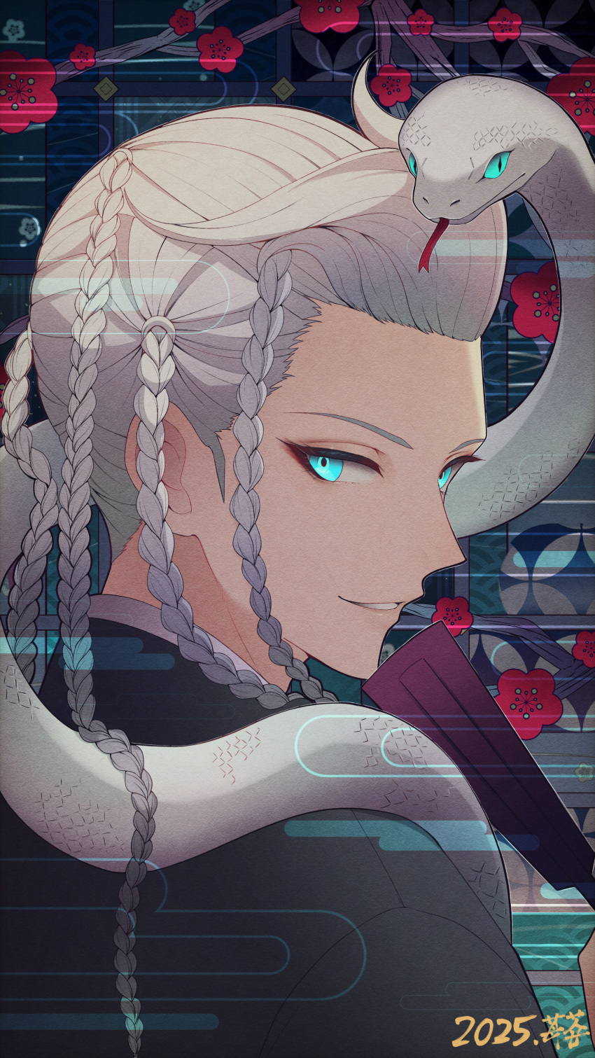 1boy, absurdres, black_shirt, blue_eyes, braid, chinese_zodiac, dated, flower