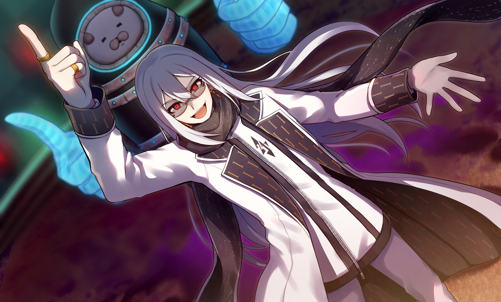 1boy, arm_up, black_scarf, blood, blood_on_ground, blood_stain, cali_(cali_me202), coat, disembodied_hand, glasses, ichinose_kazuma, jewelry, long_hair, male_focus, pants, president_(tribe_nine), red_eyes, ring, scarf, shirt, smile, solo, teeth, tribe_nine, upper_teeth_only, white_coat, white_hair, white_pants, white_shirt