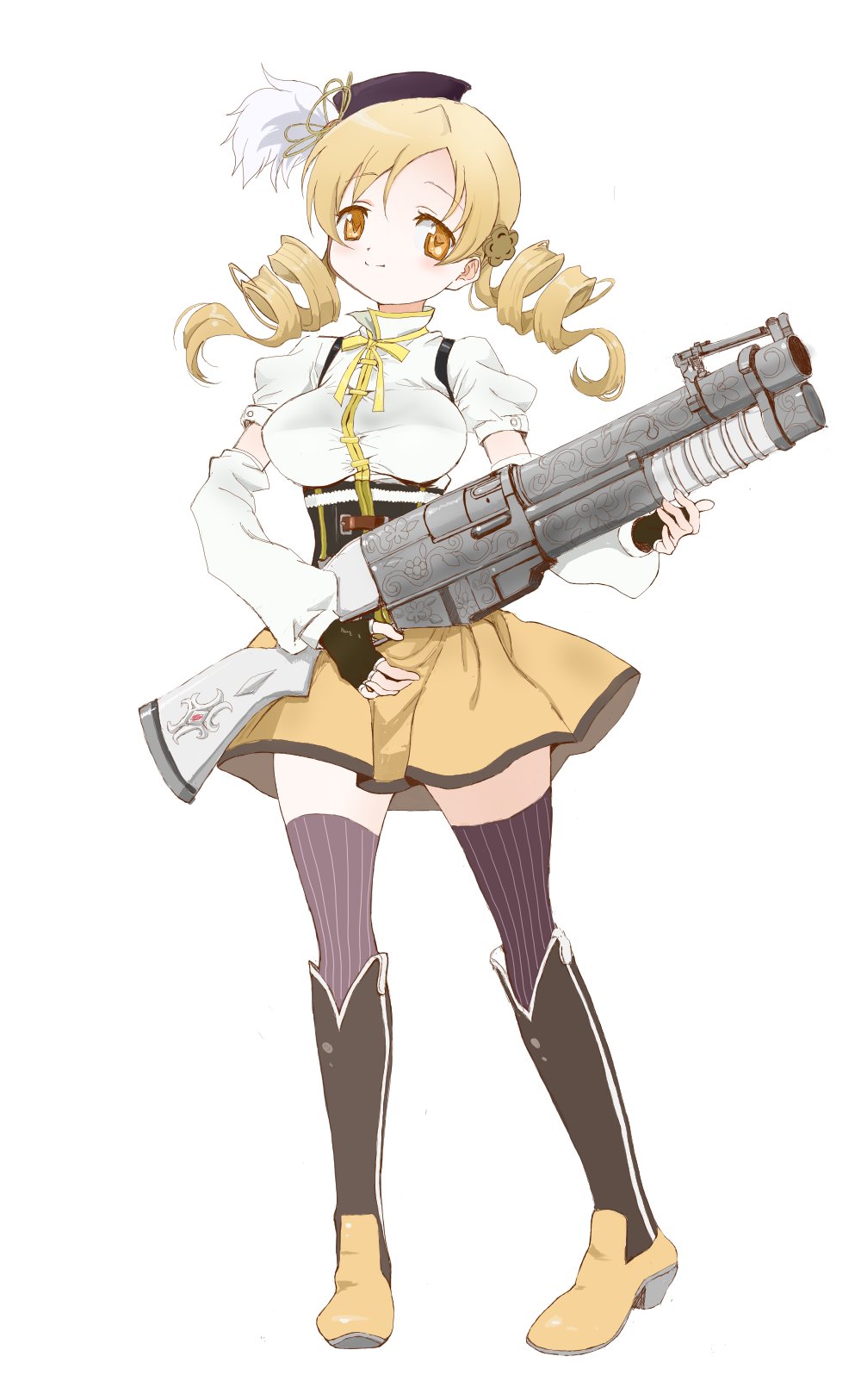 1girl, beret, blonde_hair, detached_sleeves, drill_hair, fingerless_gloves, full_body, gloves