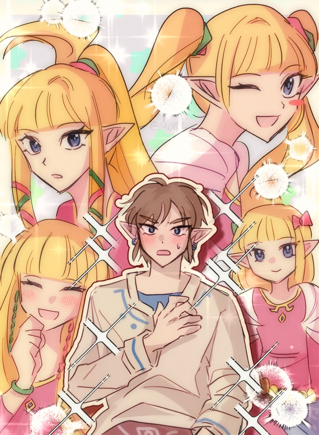 1boy, 1girl, ^_^, alternate_hairstyle, blonde_hair, blue_eyes, bow, brown_hair