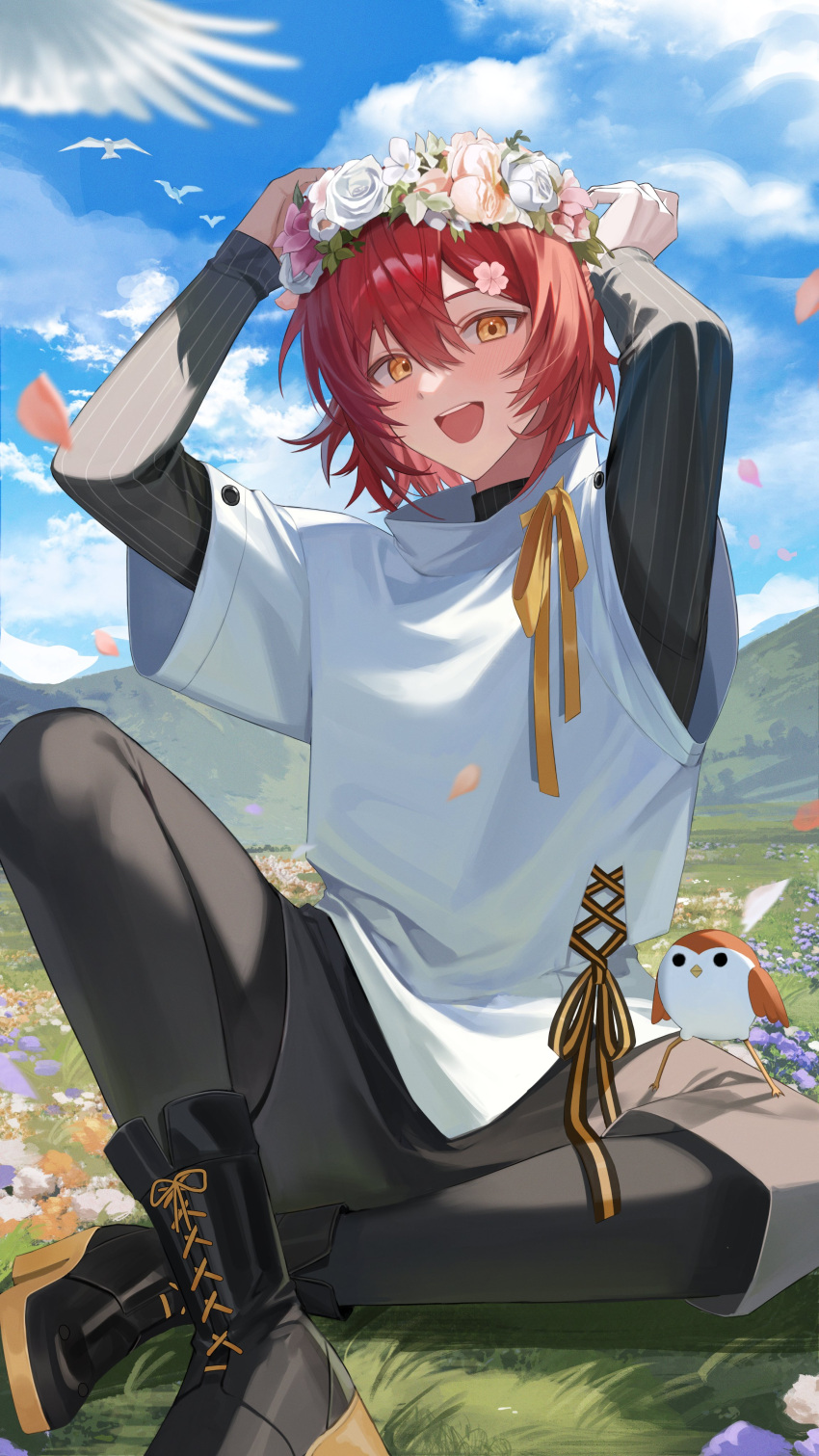 1boy, absurdres, arms_up, bird, black_leggings, black_shoes, black_shorts, black_undershirt, blue_sky, boots, chap_yun, clouds, cloudy_sky, crossed_ankles, field, flower, flower_field, grass, hair_between_eyes, hanasaki_miyabi, hanasaki_miyabi_(1st_costume), head_wreath, highres, holostars, kyomu_suzume, lace-up_boots, leggings, male_focus, mountainous_horizon, outdoors, red_hair, ribbon, shirt, shoes, short_hair, shorts, sitting, sky, smile, solo, teeth, upper_teeth_only, white_shirt, yellow_eyes, yellow_ribbon