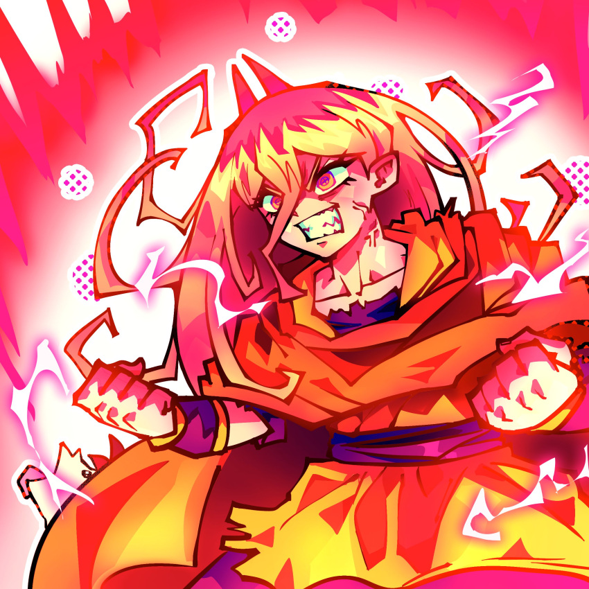 1girl, absurdres, adapted_costume, alpharecdyt, anger_vein, aura, blonde_hair, cape, chainsaw_man, clenched_hands, clenched_teeth, collarbone, commentary, cosplay, cross-shaped_pupils, dragon_ball, dragon_ball_z, electricity, english_commentary, evil_grin, evil_smile, grin, highres, horns, orange_cape, power_(chainsaw_man), smile, solo, symbol-shaped_pupils, teeth, tenshinhan, tenshinhan_(cosplay), v-shaped_eyebrows, wristband