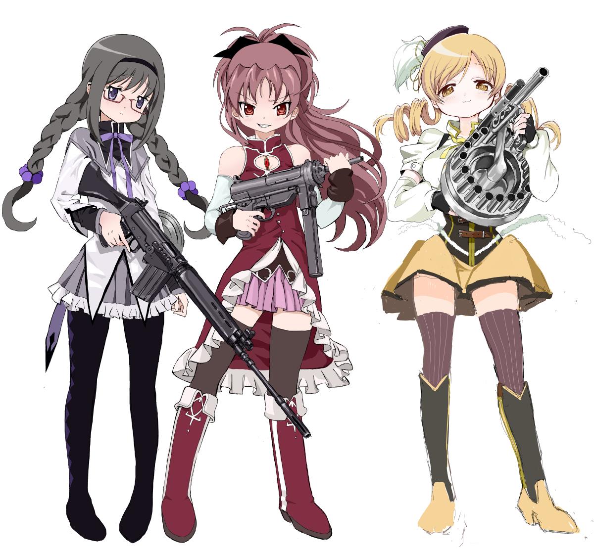 akemi_homura, akemi_homura_(magical_girl), battle_rifle, black_hair, braid, detached_sleeves, drill_hair, fn_fal