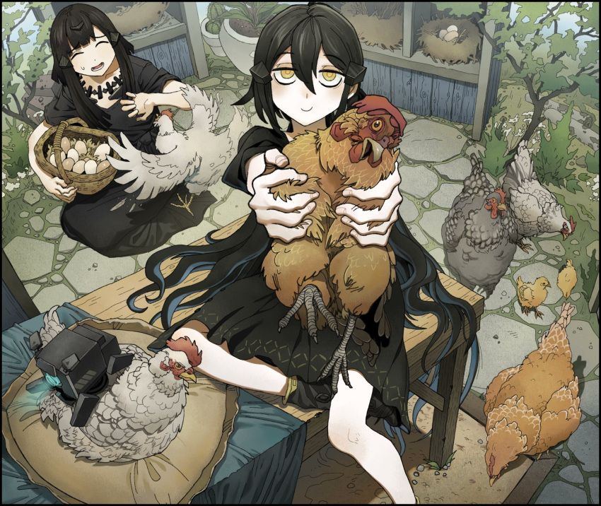 2girls, anna_(girls'_frontline), basket, bird, bird_nest, black_dress, black_hair, black_shoes, chick, chicken, chickenapple33, colored_skin, dandelion_(girls'_frontline), dinergate_(girls'_frontline), dress, egg, flower, girls_frontline, grass, hair_ornament, highres, holding, holding_basket, long_hair, multiple_girls, nest, nyto_(girls'_frontline), pillow, plant, potted_plant, robot, shoes, stone_floor, table, tree, white_flower, white_skin, wooden_table, yellow_eyes