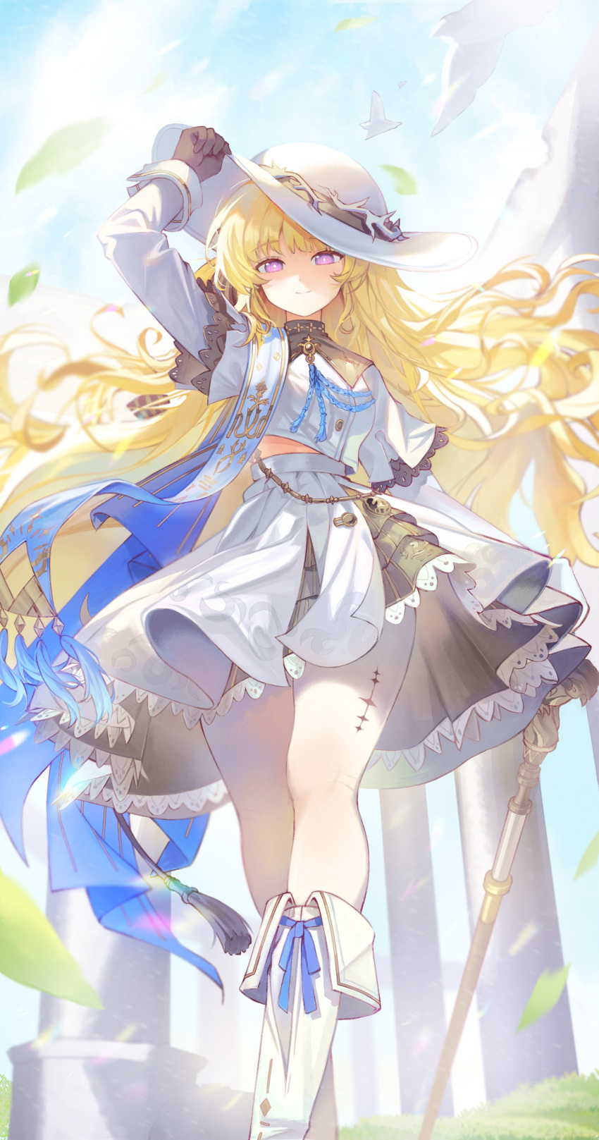 1girl, absurdres, arm_up, black_collar, black_gloves, blonde_hair, blue_sky, boots
