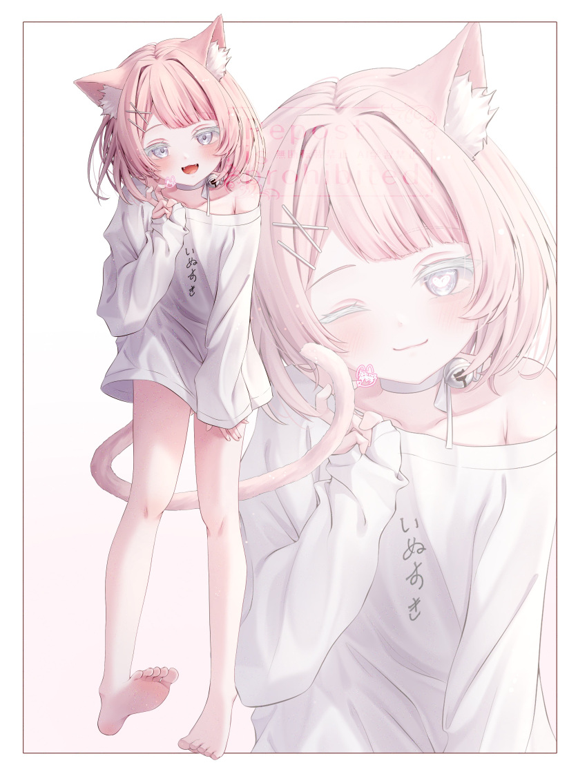 1girl, :d, absurdres, air_quotes, animal_ears, barefoot, cat_ears, cat_girl, cat_tail, fangs, full_body, grey_eyes, hand_on_own_thigh, highres, indie_virtual_youtuber, leaning_forward, long_sleeves, looking_at_viewer, maruneko_(vtuber), medium_hair, naked_shirt, no_pants, nyao12, off_shoulder, open_mouth, pink_hair, shirt, sleeves_past_wrists, smile, tail, virtual_youtuber, white_shirt, zoom_layer