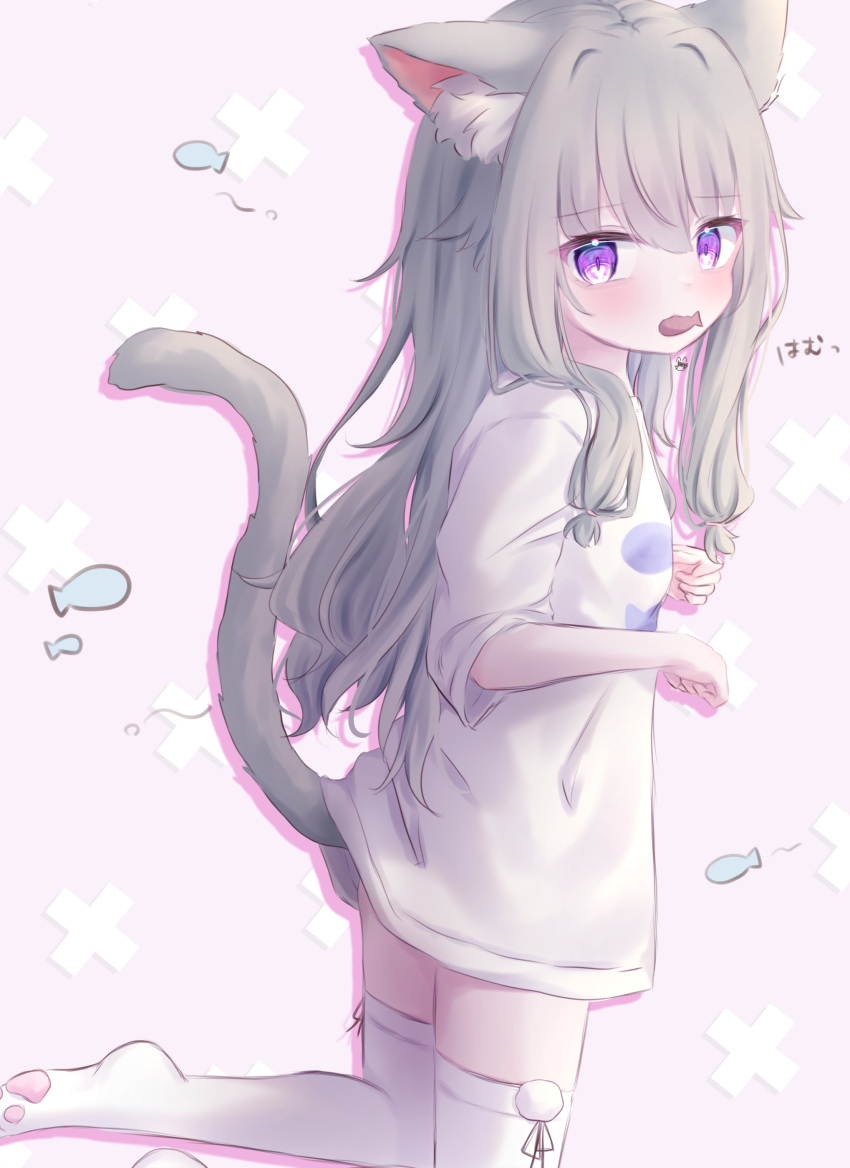 1girl, absurdres, animal_ears, cat_ears, cat_girl, cat_tail, food, grey_hair