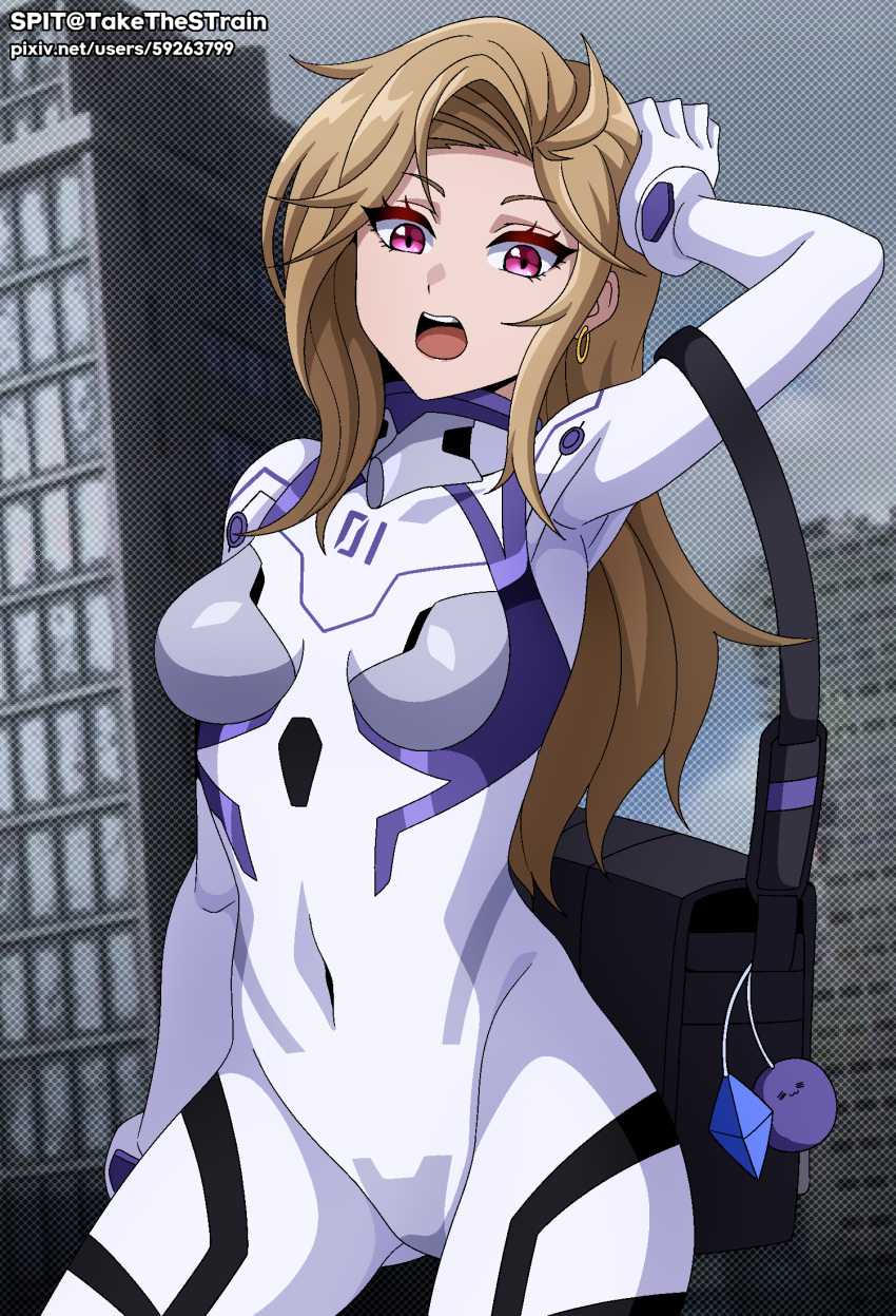 1girl, bag, blonde_hair, bodysuit, cosplay, earrings, ein_(nikke), goddess_of_victory:_nikke, highres, jewelry, long_hair, looking_at_viewer, mecha_pilot_suit, neon_genesis_evangelion, open_mouth, plugsuit, school_bag, skin_tight, solo, spit_(takethestrain), white_bodysuit