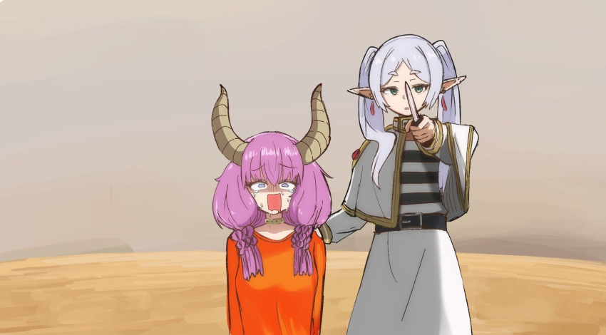 2girls, aura_(sousou_no_frieren), braid, demon_horns, dress, earrings, elf, execution