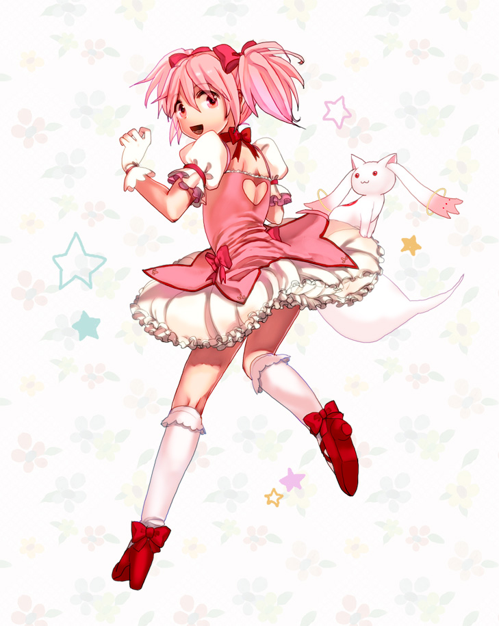 bow, choker, gloves, hair_bow, heart, kaname_madoka, kneehighs, kneepits