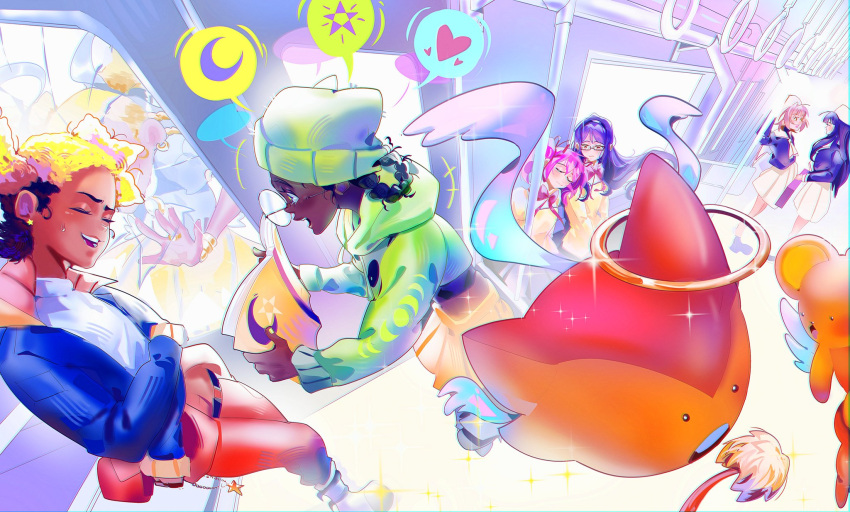 6+girls, afro_puffs, aika_(kiana_mai), akemi_homura, angel_wings, beanie, blonde_hair, book