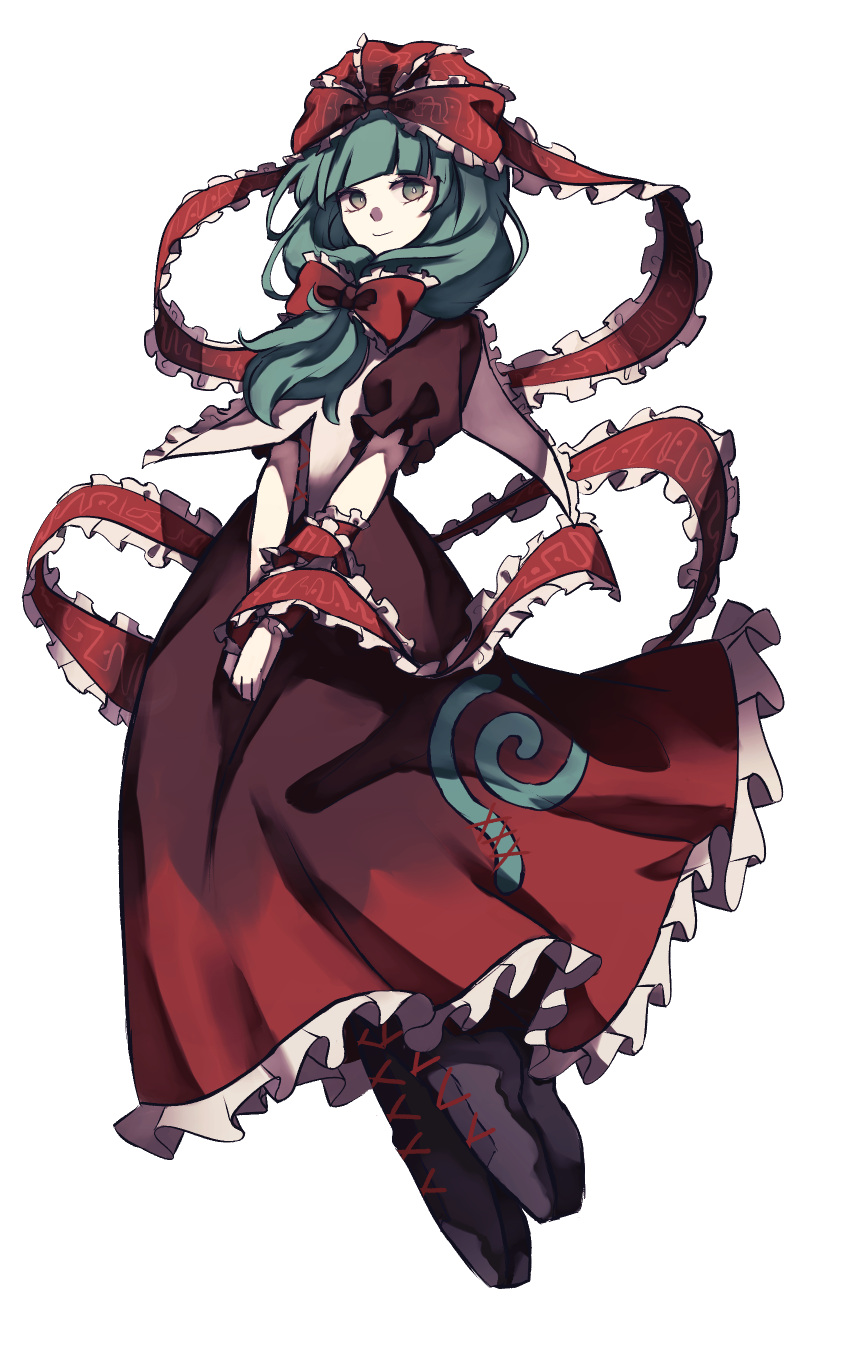 1girl, absurdres, boots, bow, dress, frilled_dress, frills, front_ponytail