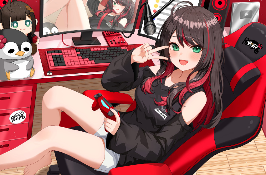 1girl, absurdres, ahoge, barefoot, black_hair, black_shirt, chair, clothing_cutout