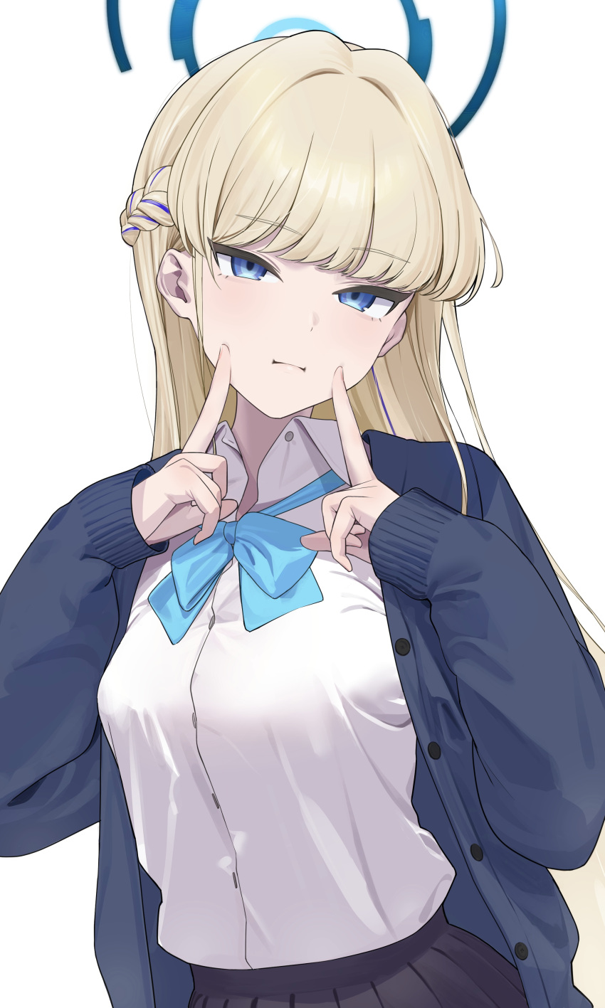 1girl, :t, absurdres, black_skirt, blonde_hair, blue_archive, blue_bow, blue_bowtie