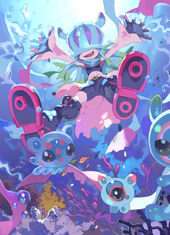 1girl, air_bubble, black_boots, black_shorts, blue_hair, boots, bubble, digimon, digimon_(creature), e_volution, electricity, evolutionary_line, full_body, group_picture, long_hair, looking_at_viewer, puyomon, puyoyomon, shorts, teslajellymon, underwater