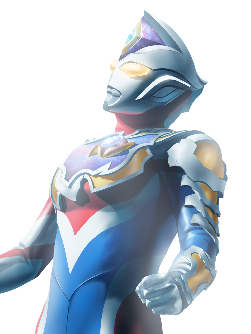 1boy, absurdres, alien, armor, asymmetrical_arms, blue_gemstone, blue_skin, breastplate