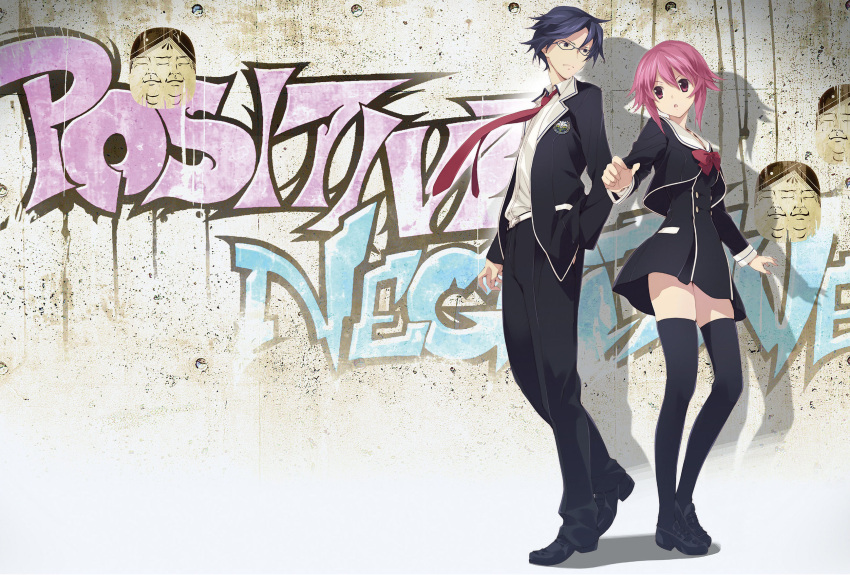 1boy, 1girl, 5pb., :o, black_dress, black_jacket, black_shoes, black_thighhighs