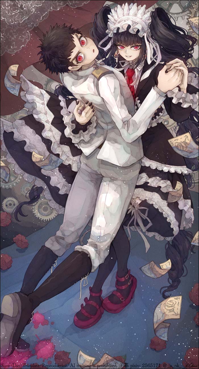 1boy, 1girl, 1nwe9, armband, banknote, black_hair, black_jacket, black_nails