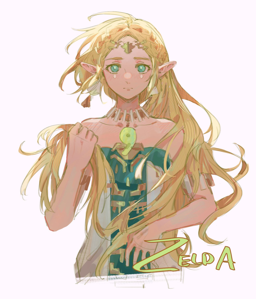 1girl, bare_shoulders, blonde_hair, braid, character_name, crown_braid, dress, earrings, eyelashes, green_dress, green_eyes, greiilock, highres, jewelry, long_hair, looking_at_viewer, multicolored_dress, necklace, pointy_ears, princess_zelda, short_hair, simple_background, solo, solo_focus, strapless, strapless_dress, the_legend_of_zelda, the_legend_of_zelda:_tears_of_the_kingdom, tiara, two-tone_dress, upper_body, white_background, white_dress