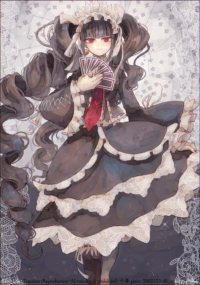 1girl, 1nwe9, black_hair, black_jacket, black_nails, bonnet, card, celestia_ludenberg