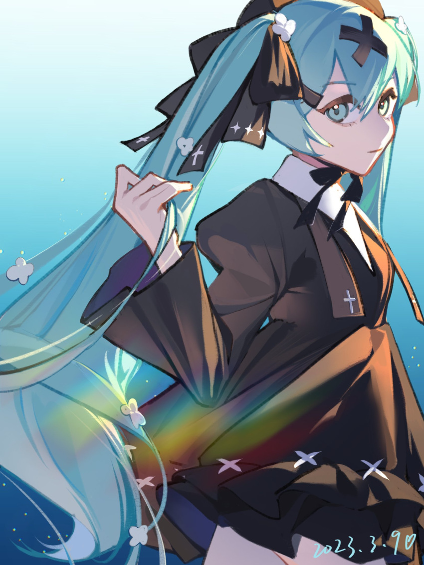 1girl, 2023, amiably_02, aqua_eyes, aqua_hair, black_dress, black_ribbon, blue_background