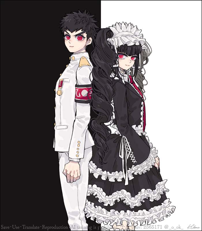 1boy, 1girl, 1nwe9, armband, black_background, black_hair, black_jacket, black_nails
