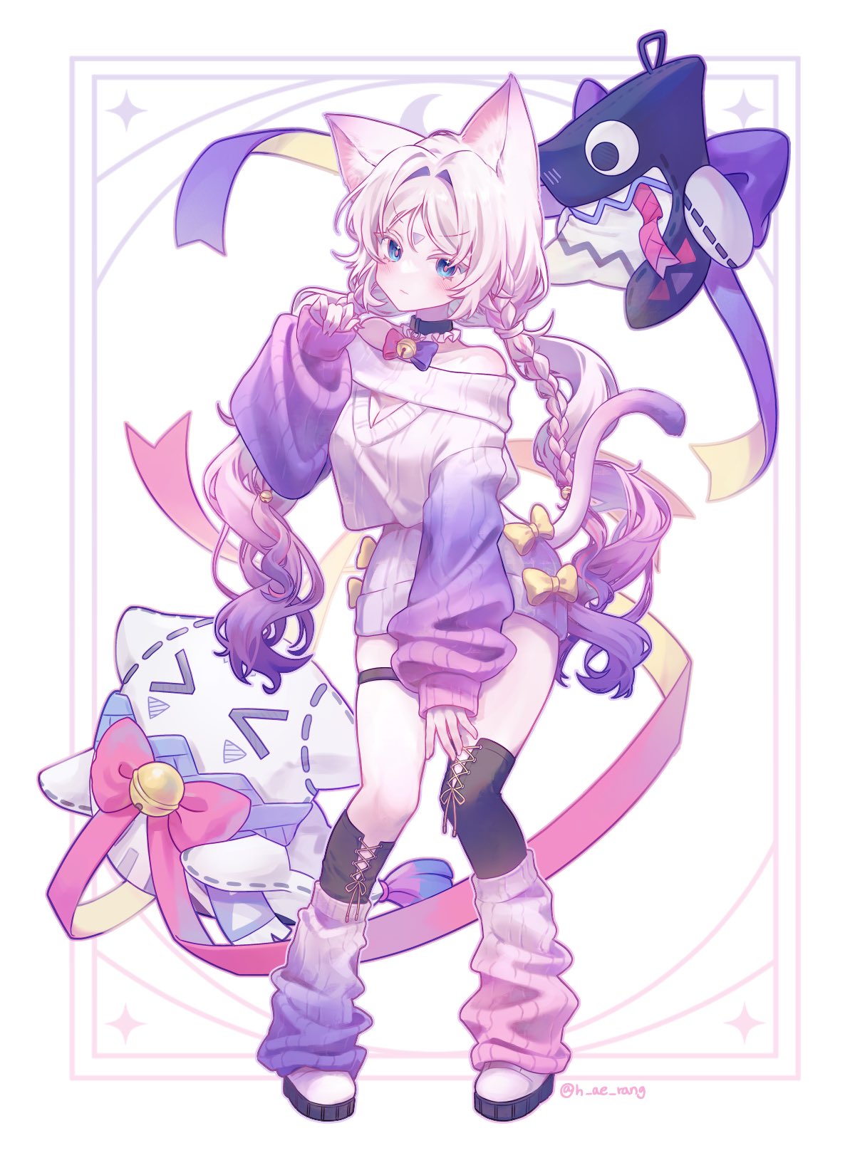 1girl, alternate_costume, animal_ear_fluff, animal_ears, bare_shoulders, bell, black_socks, blonde_hair