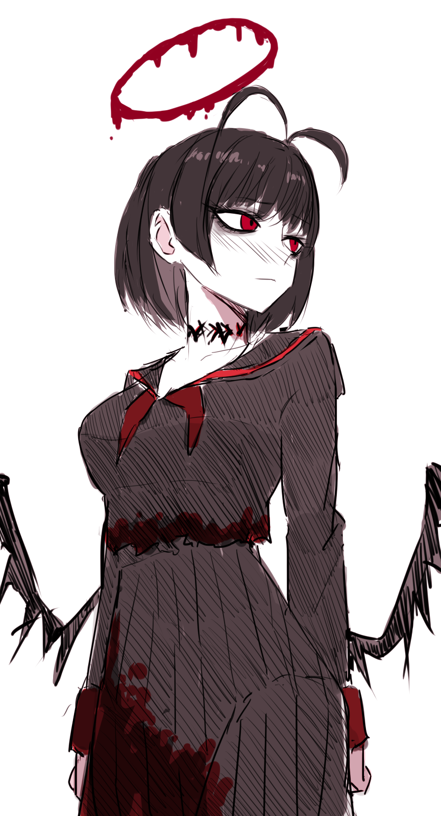 1girl, alternate_hair_length, alternate_hairstyle, antenna_hair, bags_under_eyes, black_wings, blue_archive, blush, breasts, fantomyu, halo, highres, long_sleeves, looking_to_the_side, medium_breasts, neckerchief, pleated_skirt, red_eyes, red_neckerchief, short_hair, simple_background, skirt, solo, tsurugi_(blue_archive), undone_neckerchief, white_background, wings