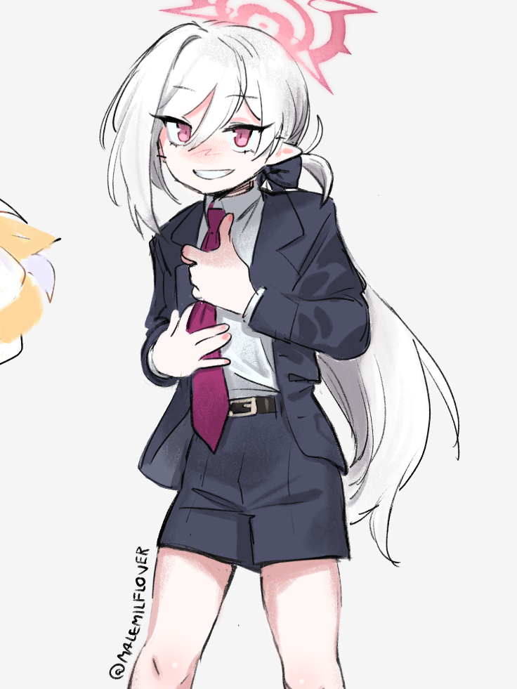 blue_archive, english_commentary, mutsuki_(blue_archive), necktie, pointy_ears, shorts, tnso