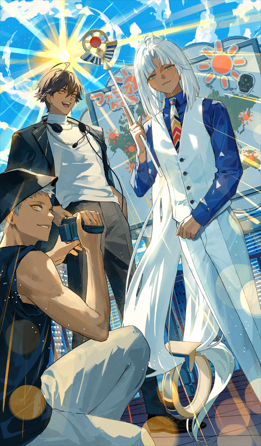 3boys, absurdly_long_hair, ahoge, black_jacket, black_pants, black_shoes, blue_shirt, blue_sky