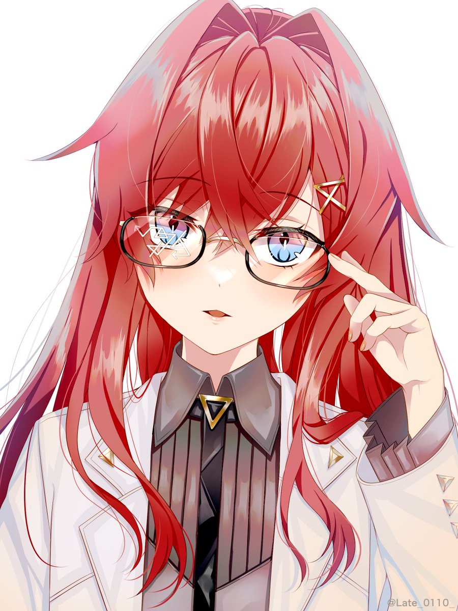 1girl, adjusting_eyewear, ange_katrina, ange_katrina_(4th_costume), black-framed_eyewear, black_necktie, blue_eyes, coat, collared_shirt, crossed_bangs, glasses, gradient_eyes, grey_shirt, hair_between_eyes, hair_intakes, hair_ornament, hand_up, highres, lapels, late_0110, light_blush, lips, long_bangs, long_hair, long_sleeves, looking_at_viewer, multicolored_eyes, necktie, nijisanji, notched_lapels, parted_lips, red_hair, semi-rimless_eyewear, shirt, simple_background, solo, straight-on, twitter_username, upper_body, violet_eyes, virtual_youtuber, white_background, white_coat