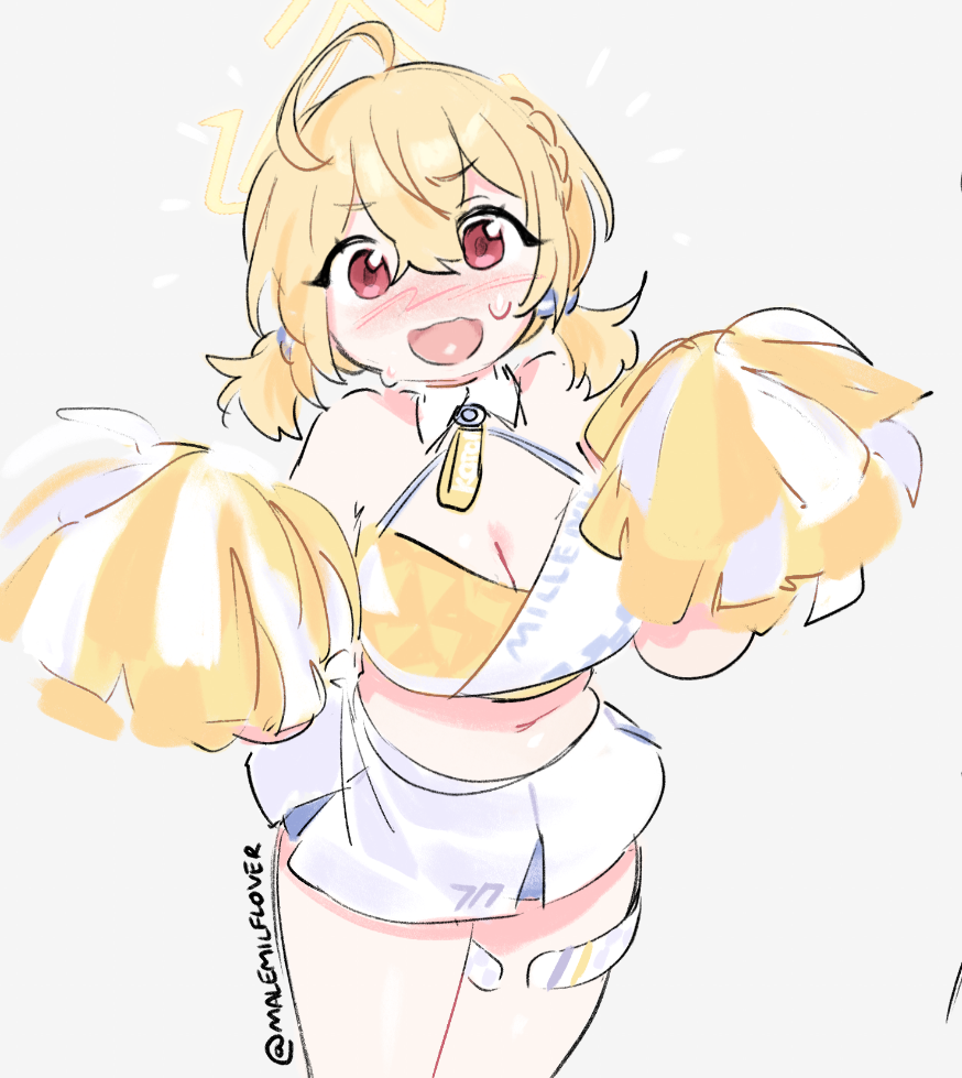 1girl, blue_archive, breasts, cheerleader, halo, holding, holding_pom_poms, kotori_(blue_archive), kotori_(cheer_squad)_(blue_archive), large_breasts, millennium_cheerleader_outfit_(blue_archive), navel, pom_pom_(cheerleading), skirt, sweatdrop, tnso