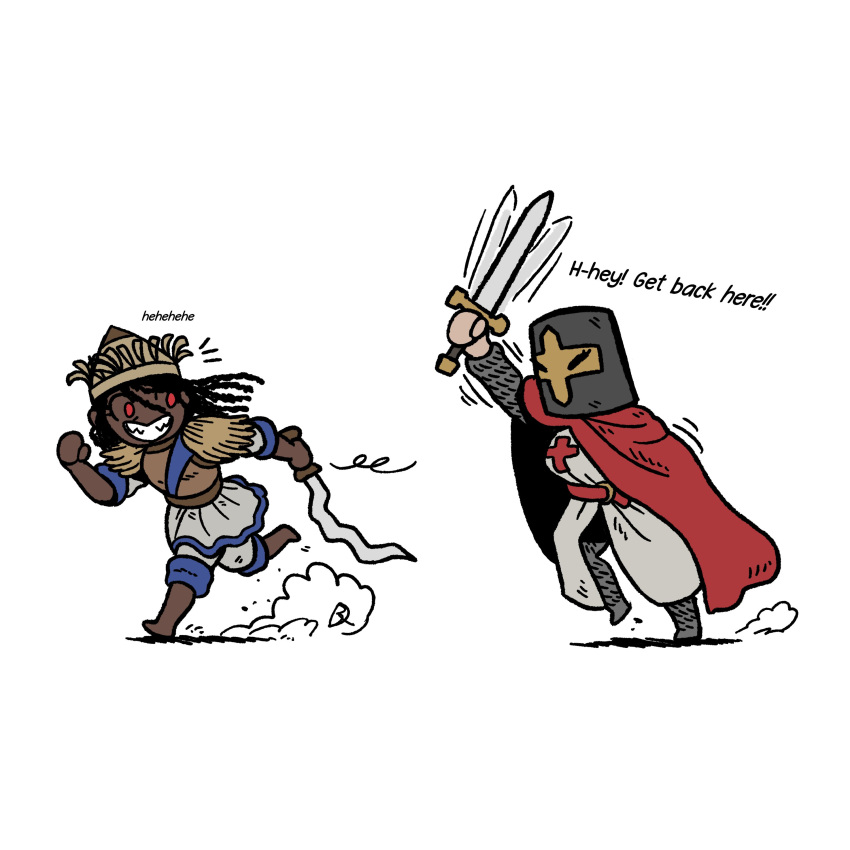 absurdres, age_of_empires_ii, armor, barefoot, cape, chasing, dark-skinned_female, dark_skin