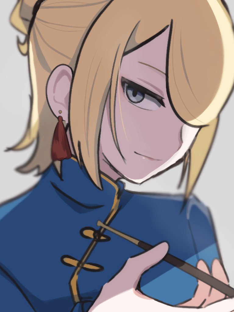 1boy, alternate_costume, blonde_hair, blurry, chinese_clothes, closed_mouth, commentary_request, earrings