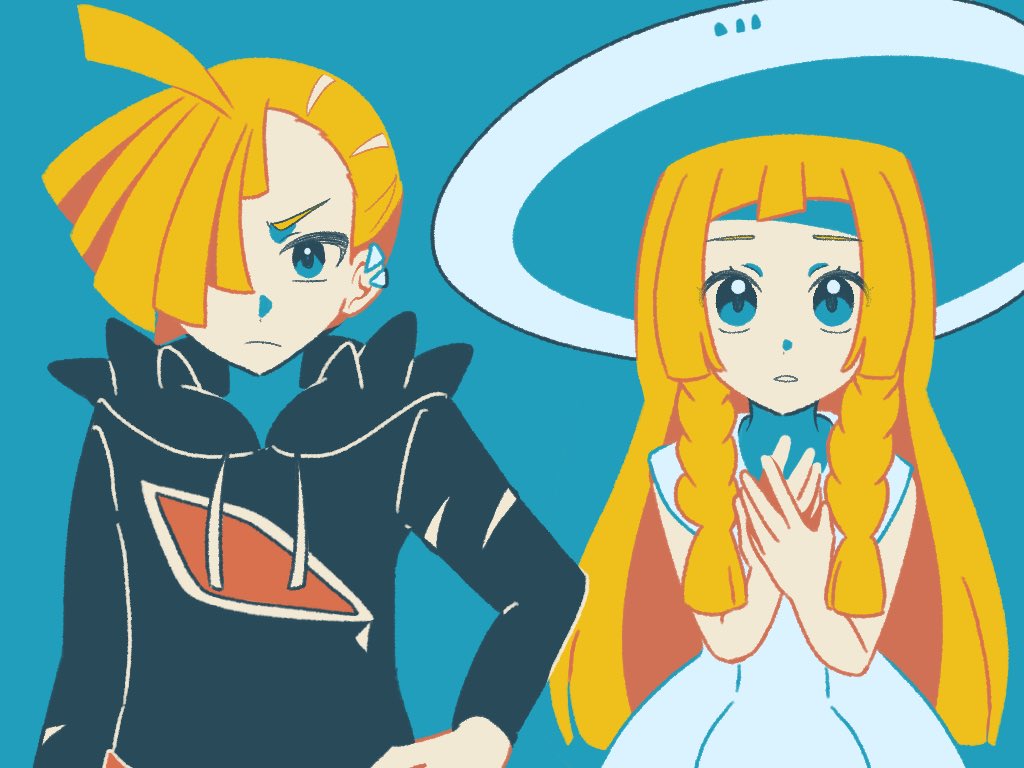 1boy, 1girl, ahoge, black_hoodie, blonde_hair, braid, brother_and_sister, closed_mouth