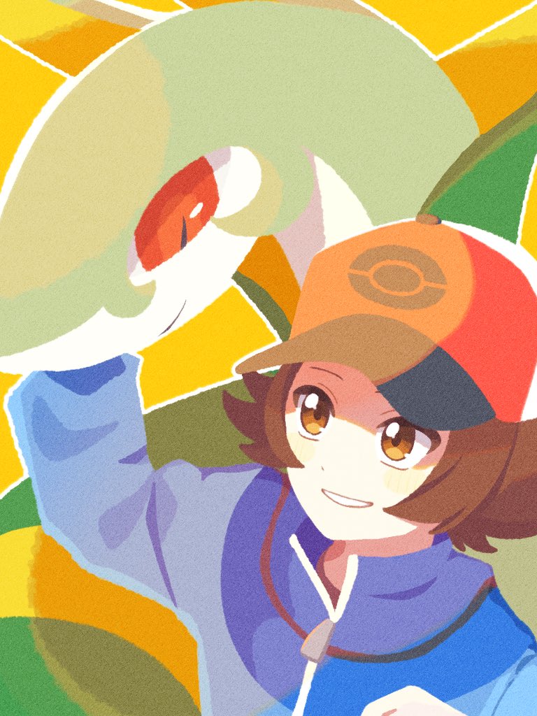 1boy, blue_jacket, brown_eyes, brown_hair, grin, happy, hat, hiiro99522, hilbert_(pokemon), jacket, male_focus, mixed-language_commentary, pokemon, pokemon_(creature), pokemon_bw, serperior, short_hair, smile, teeth, zipper_pull_tab