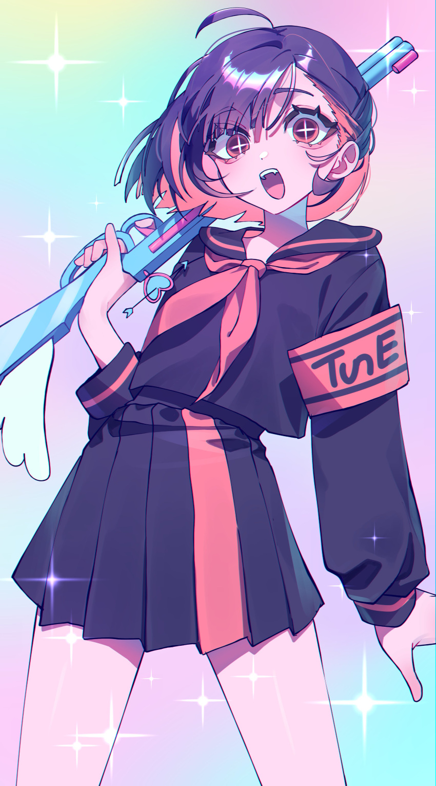1girl, absurdres, alternate_costume, armband, bright_pupils, colored_inner_hair, cowboy_shot, cute_weapon